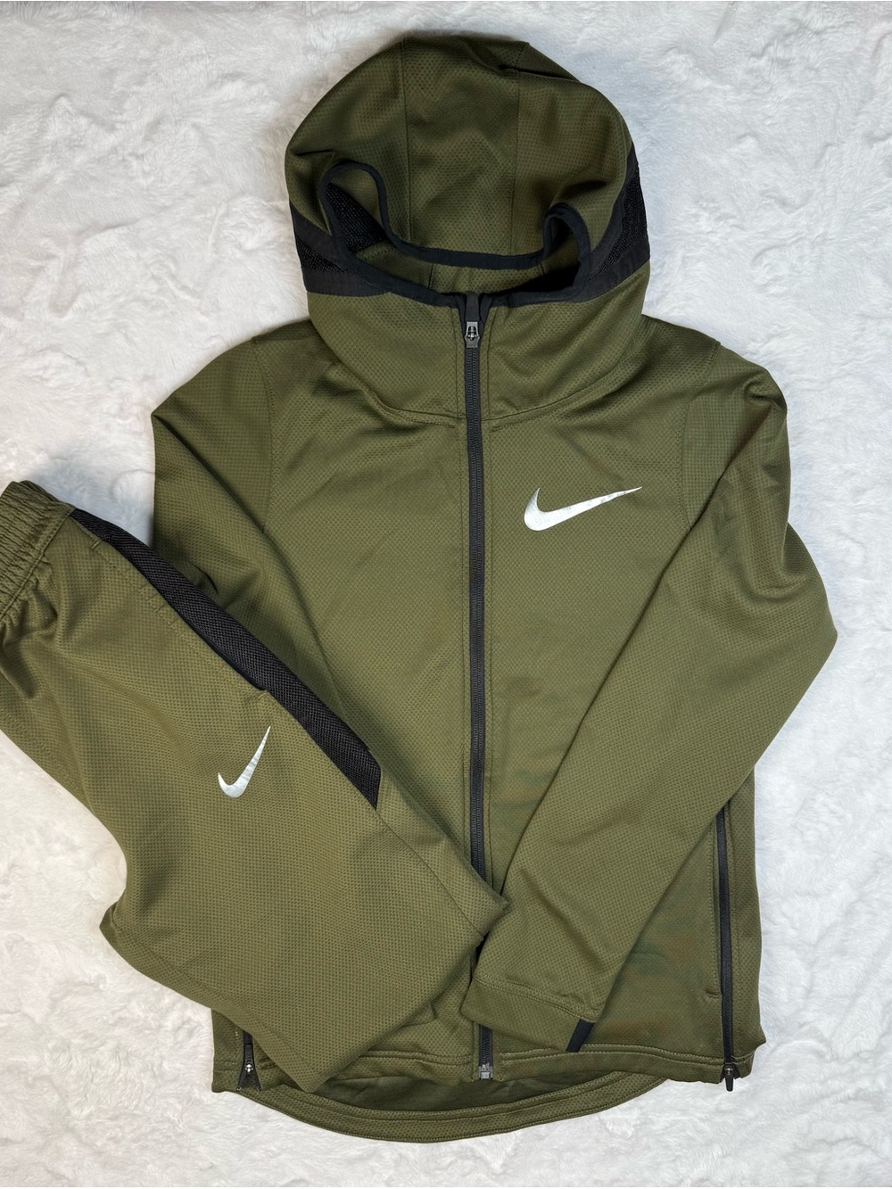 Nike Olive Green Kids Hooded Track Set with White Swoosh